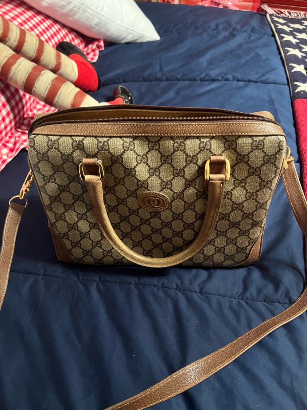 Gucci Beige Brown GG Canvas Top-Handle Satchel with Gold Hardware
